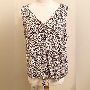 2/$30 Nine West Cream Brown Animal Print Waist Tie Sleeveless Tank Top Size XXL